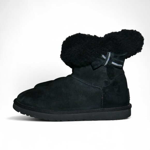 Ugg Jackee Sheepskin Swarovski Crystal Short Boots Women’s Size 9 Black Bow EUC - Picture 13 of 14